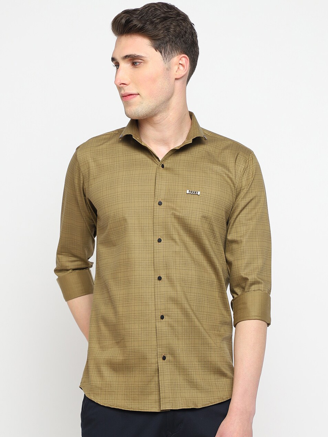

JADEBERRY Tartan Checked Classic Slim Fit Cotton Formal Shirt, Gold