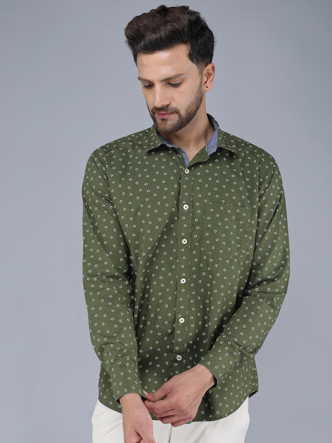 

TQS Floral Printed Cotton Casual Shirt, Olive