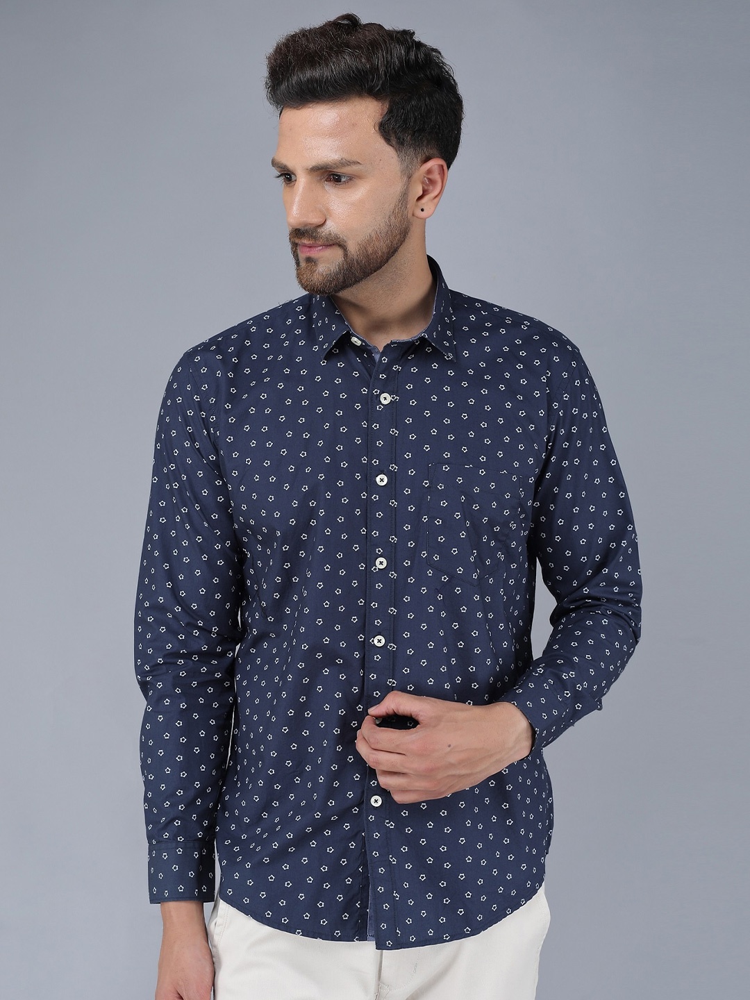 

TQS Floral Printed Cotton Casual Shirt, Navy blue