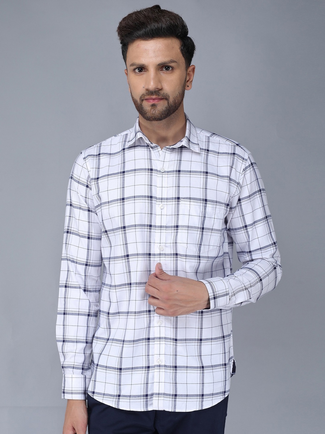 

TQS Windowpane Checks Spread Collar Cotton Casual Shirt, White