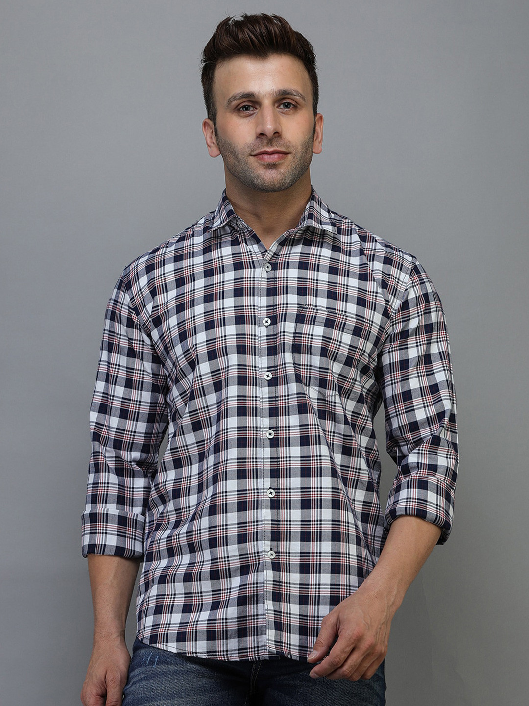 

TQS Standard Tartan Checks Cotton Casual Shirt, Navy blue