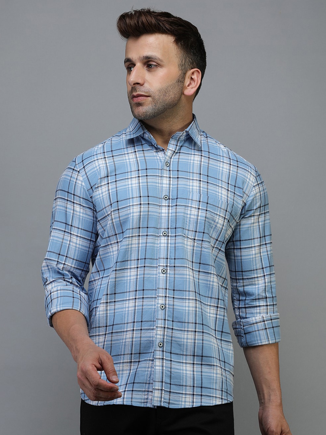 

TQS Tartan Checks Spread Collar Cotton Casual Shirt, Blue