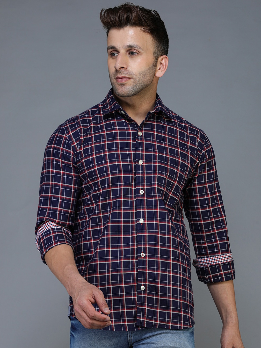 

TQS Standard Grid Tattersall Checked Twill Cotton Casual Shirt, Navy blue