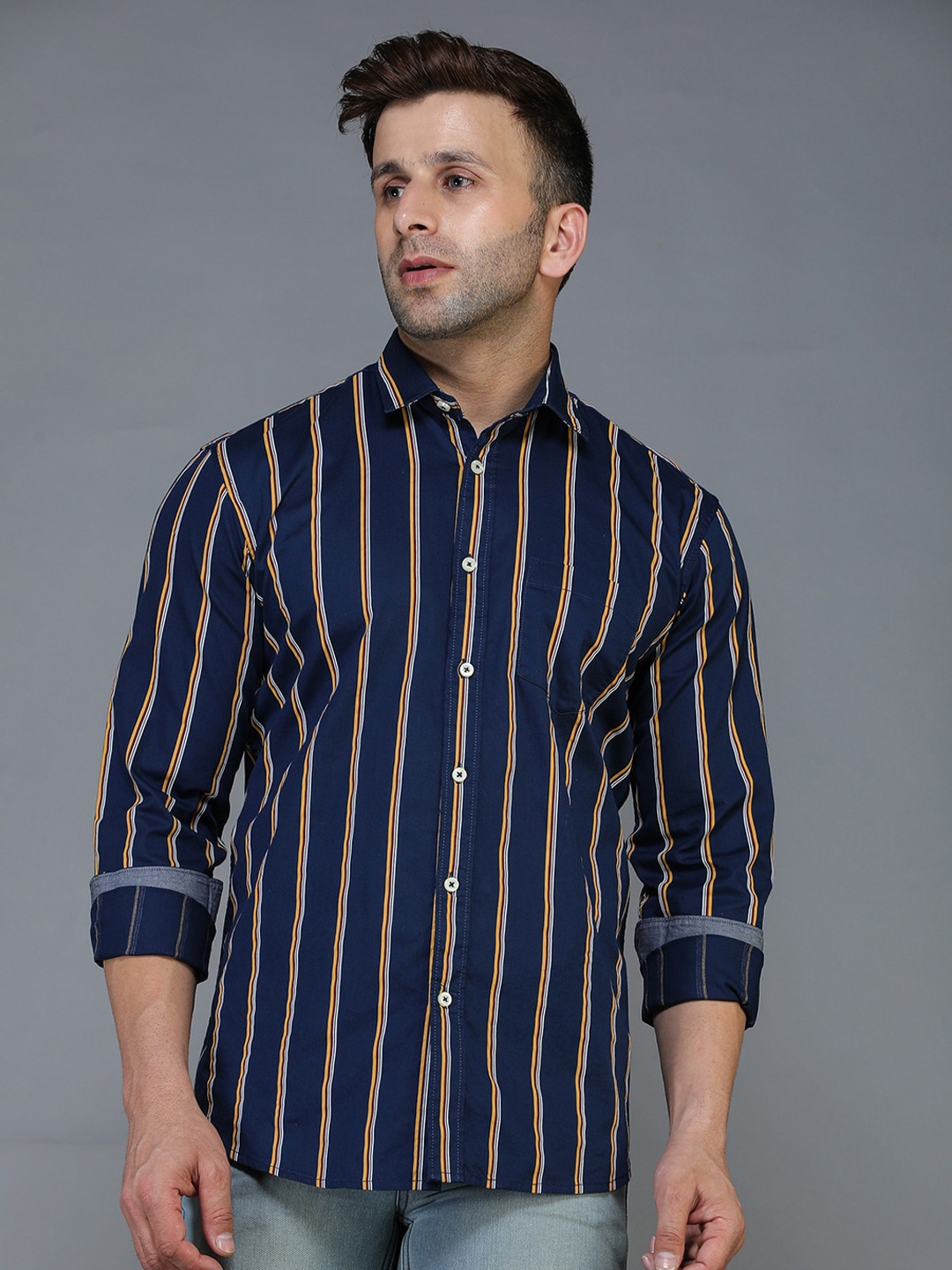 

TQS Standard Striped Cotton Casual Shirt, Navy blue