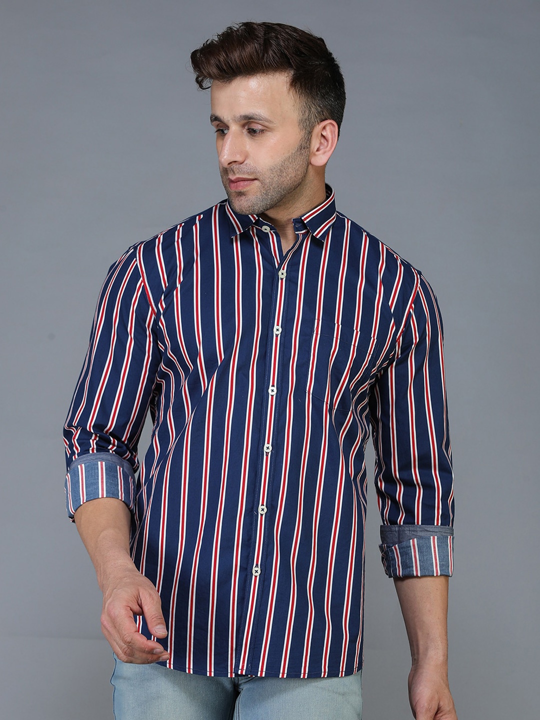 

TQS Standard Striped Cotton Casual Shirt, Navy blue