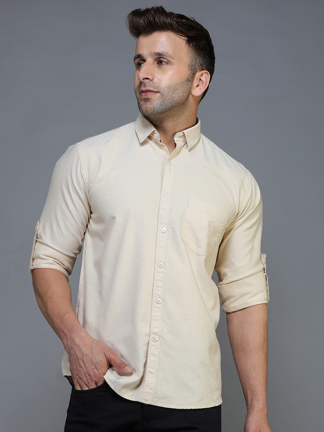 

TQS Standard Spread Collar Cotton Casual Shirt, Beige