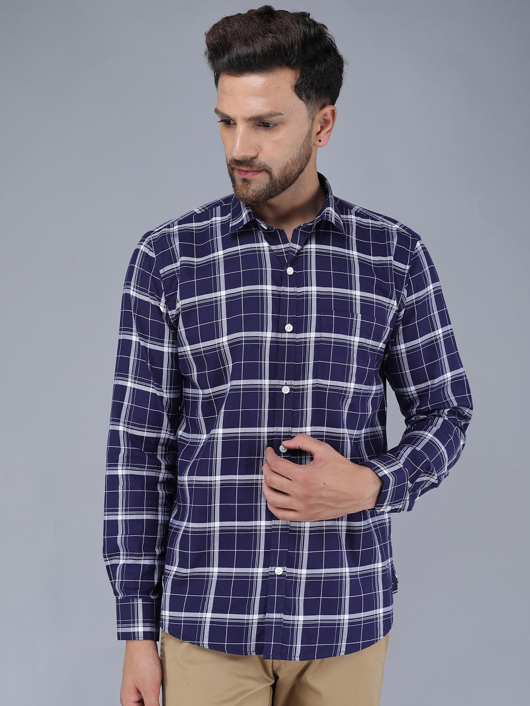 

TQS Tartan Checks Spread Collar Cotton Casual Shirt, Navy blue