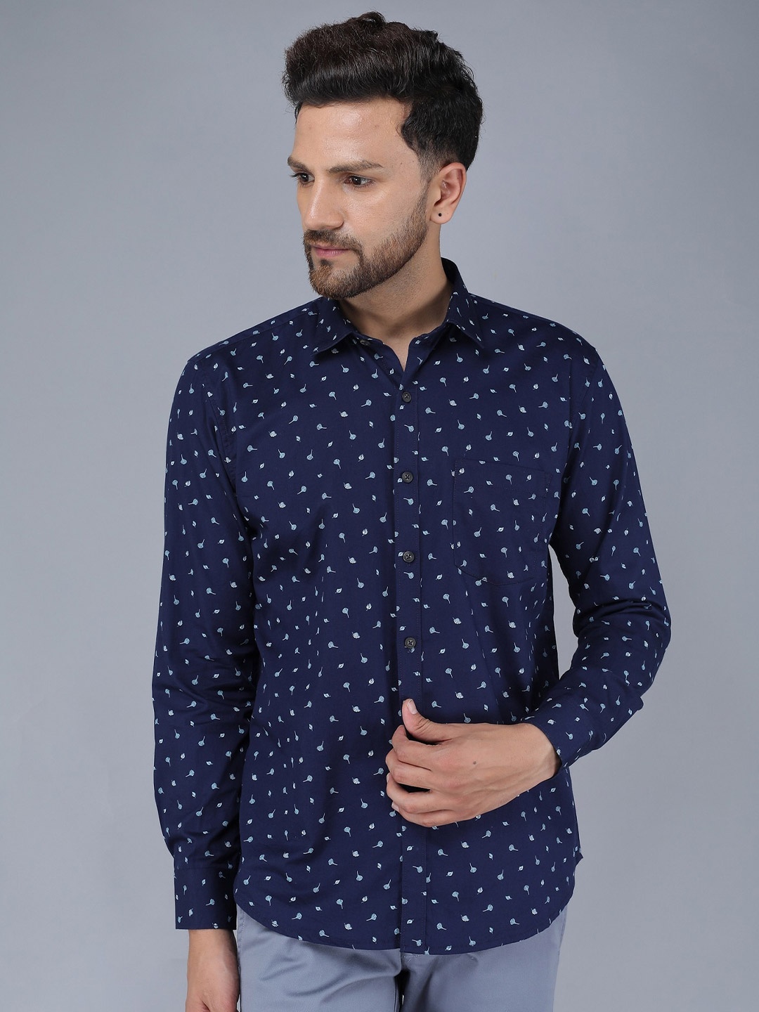 

TQS Floral Printed Cotton Casual Shirt, Navy blue