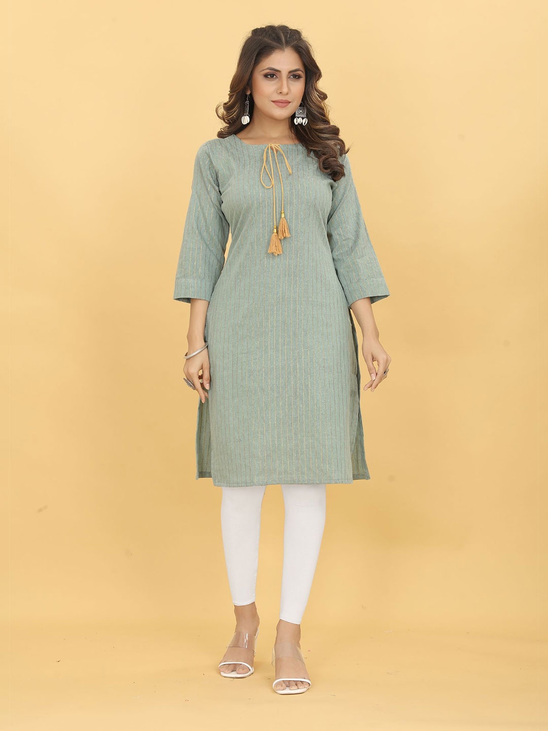 

KALINI Women Striped Tie-Up Neck Jacquard Kurta, Green