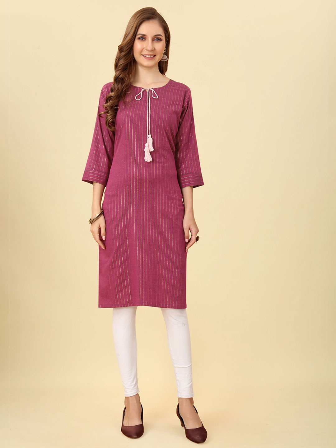 

KALINI Striped Tie-Up Neck Kurta, Purple