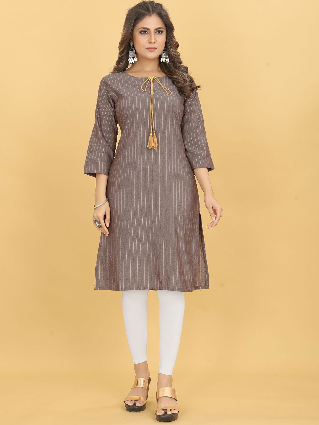 

KALINI Striped Straight Kurta, Grey