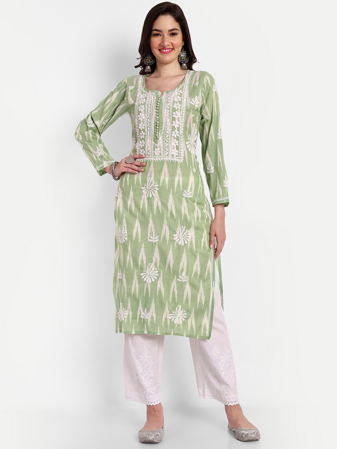 

Indiankala4u Floral Embroidered Thread Work Ikat Pure Cotton A-Line Kurta, Green