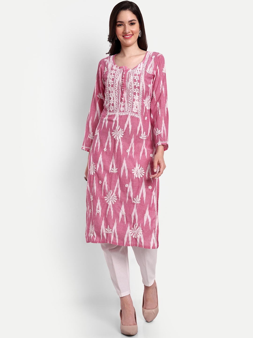 

Indiankala4u Floral Embroidered Thread Work Ikat Pure Cotton A-Line Kurta, Pink