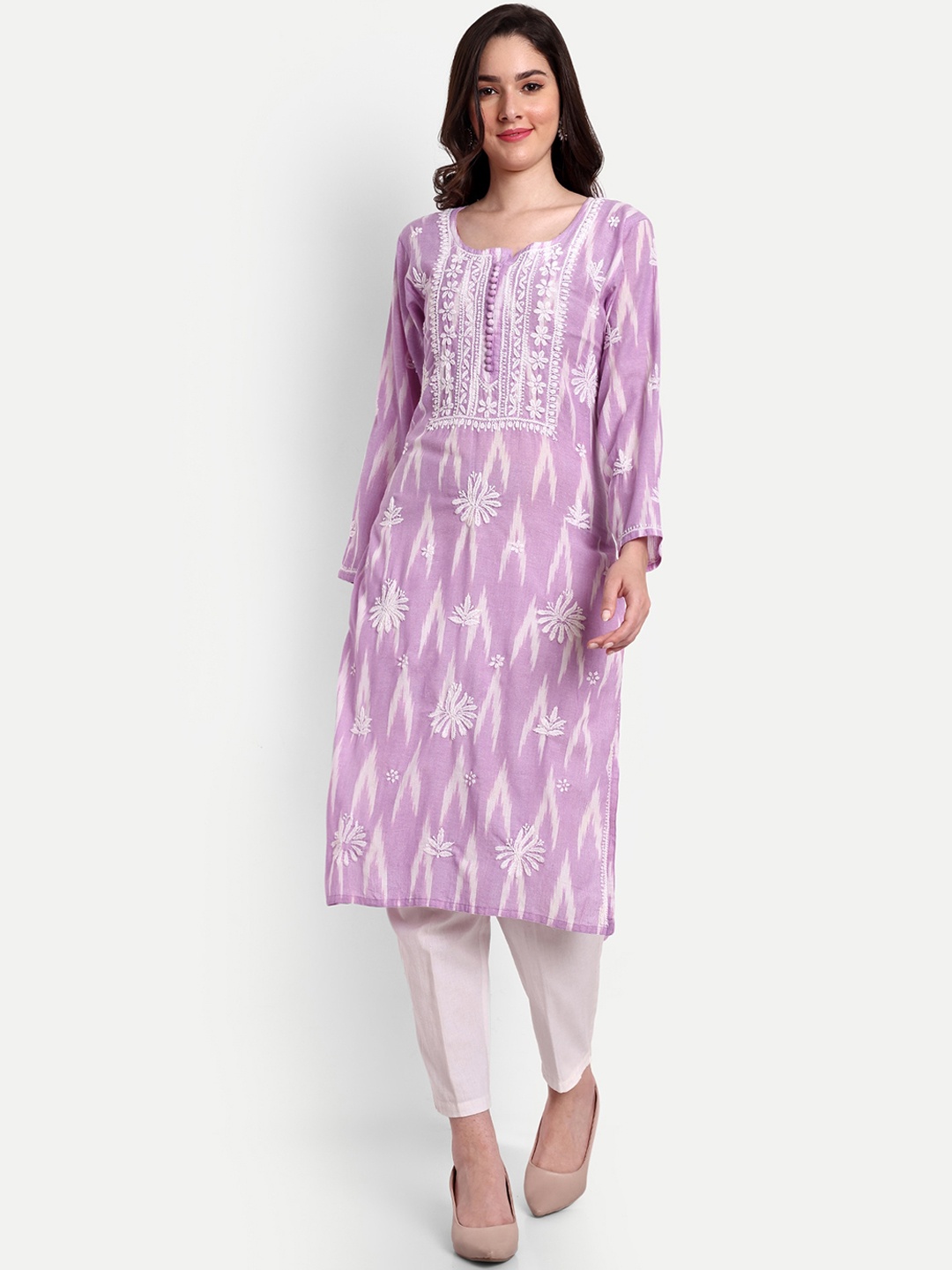 

Indiankala4u Floral Embroidered Thread Work Ikat Pure Cotton A-Line Kurta, Lavender