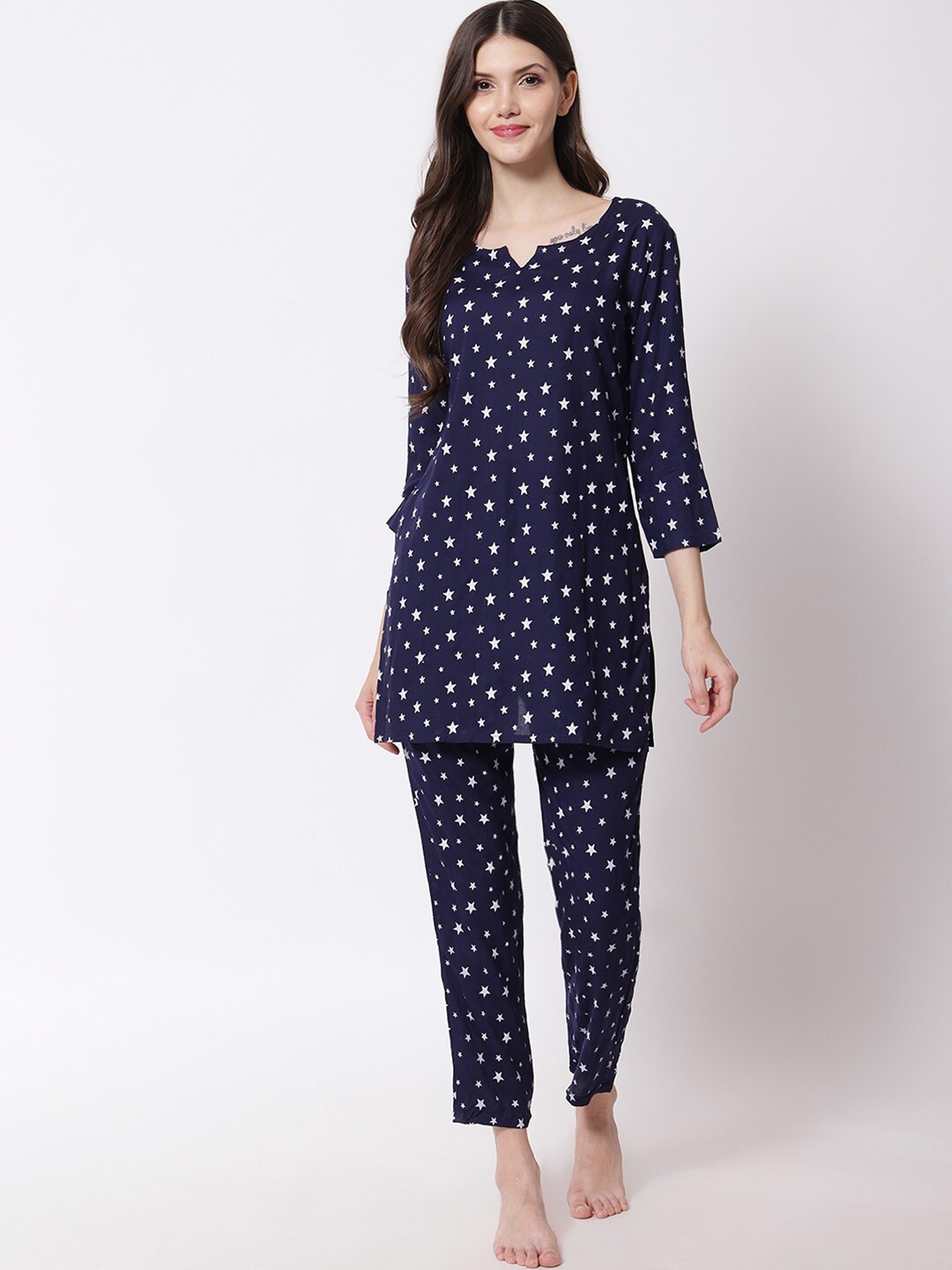 

KALINI Conversational Printed Kurti & Trousers, Navy blue