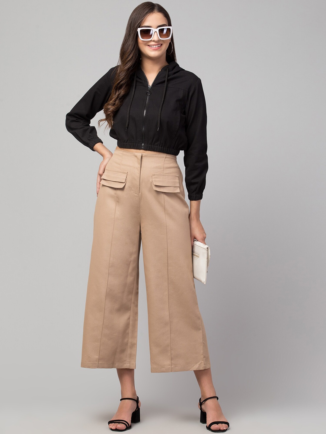 

Chemistry Women Flared High-Rise Cotton Culottes Trousers, Beige