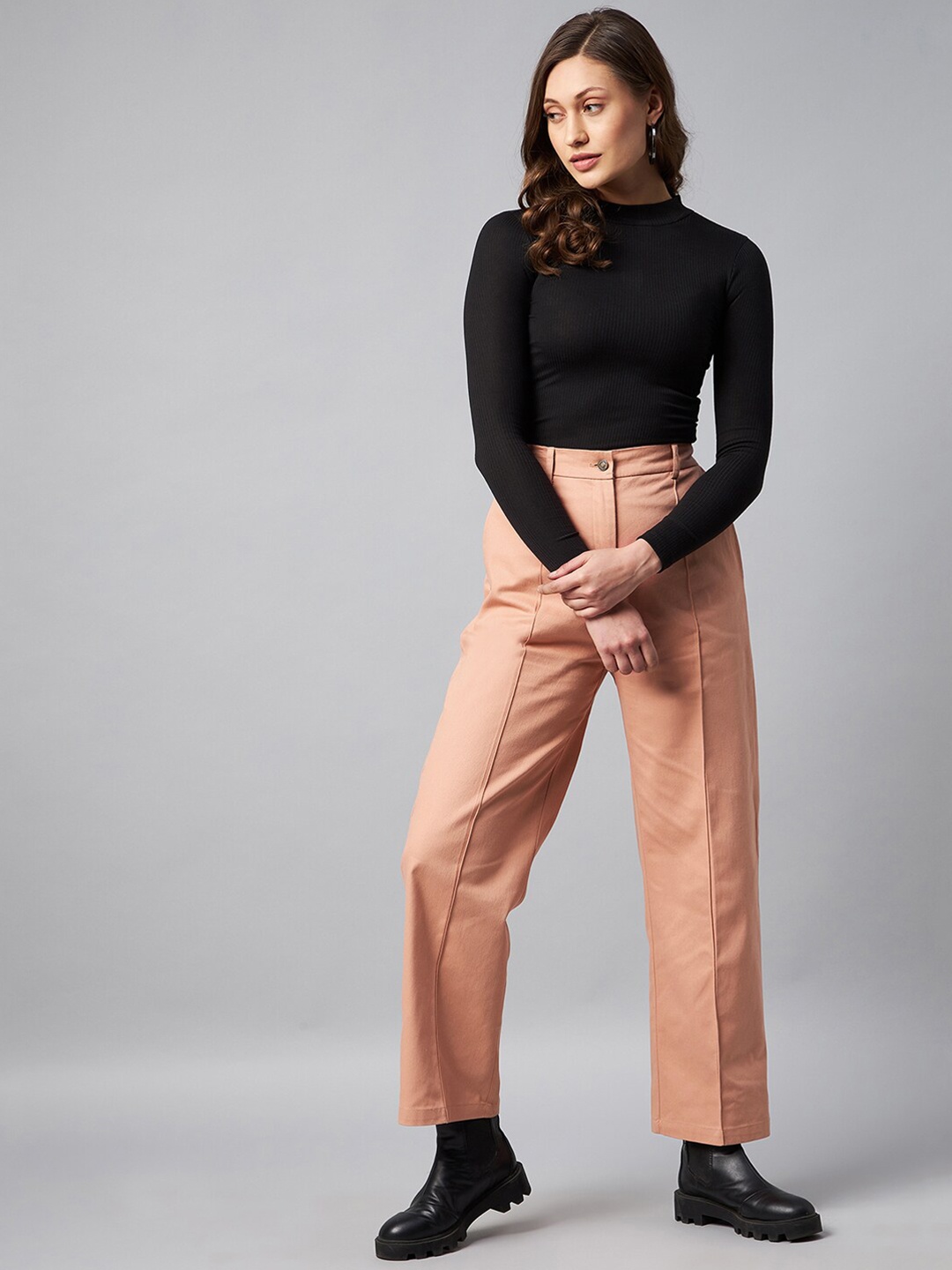 

Chemistry Women High-Rise Cotton Parallel Trousers, Peach