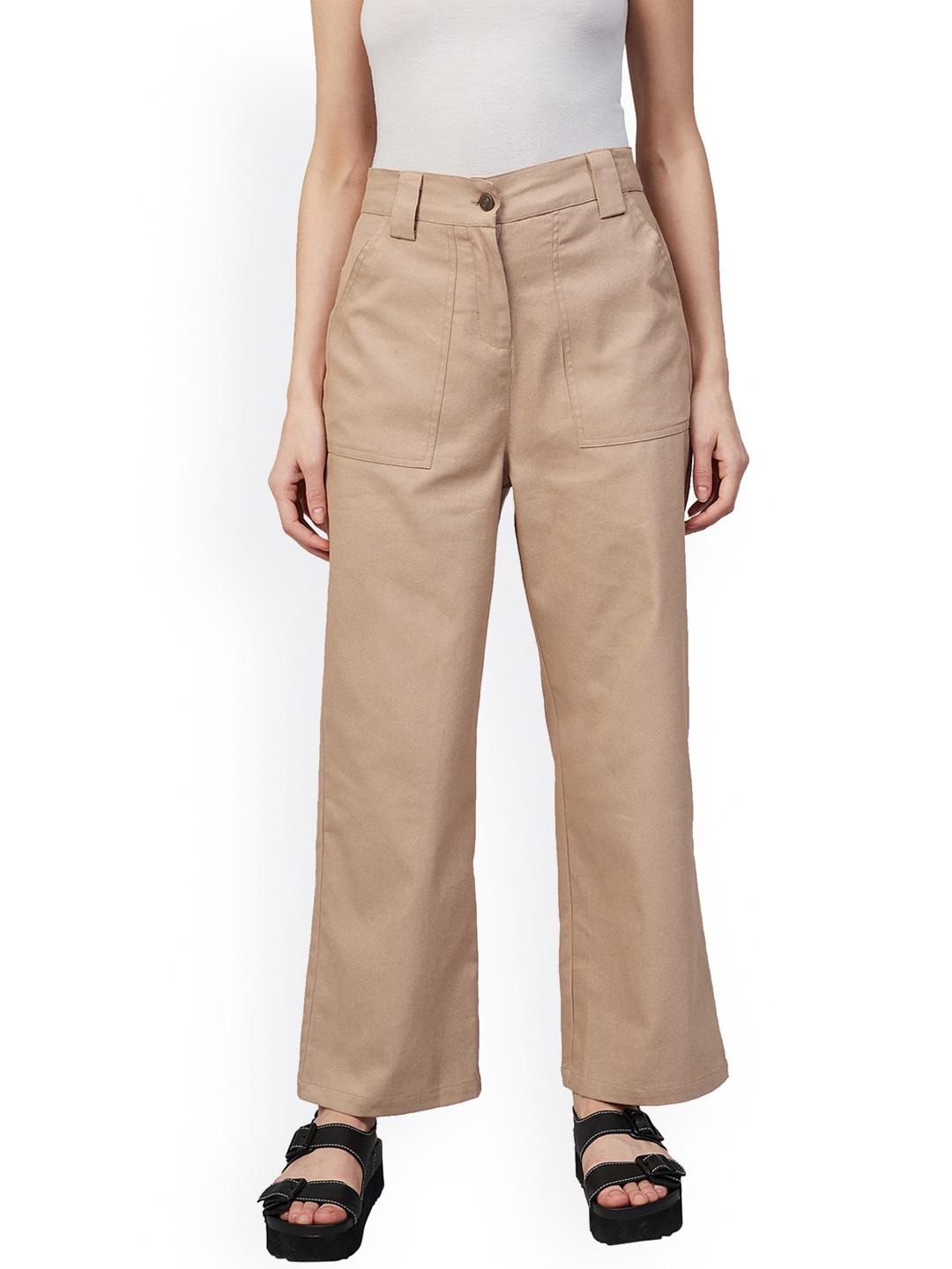 

Chemistry Women Flared High-Rise Cotton Trousers, Beige
