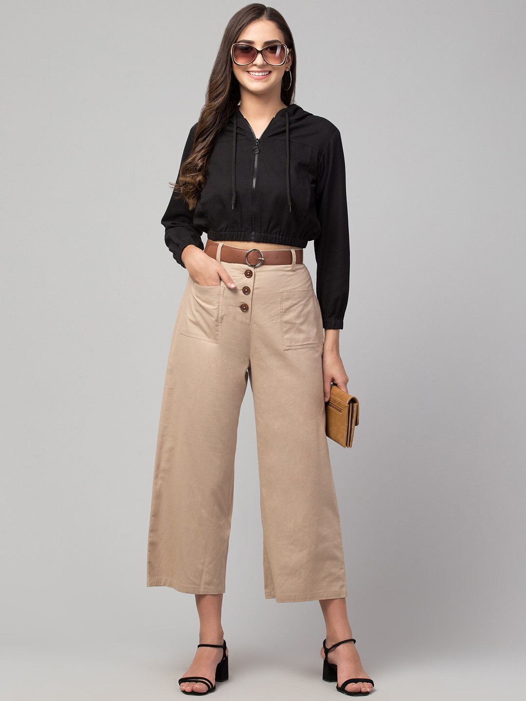 

Chemistry Women Flared High-Rise Cotton Culottes Trousers, Beige