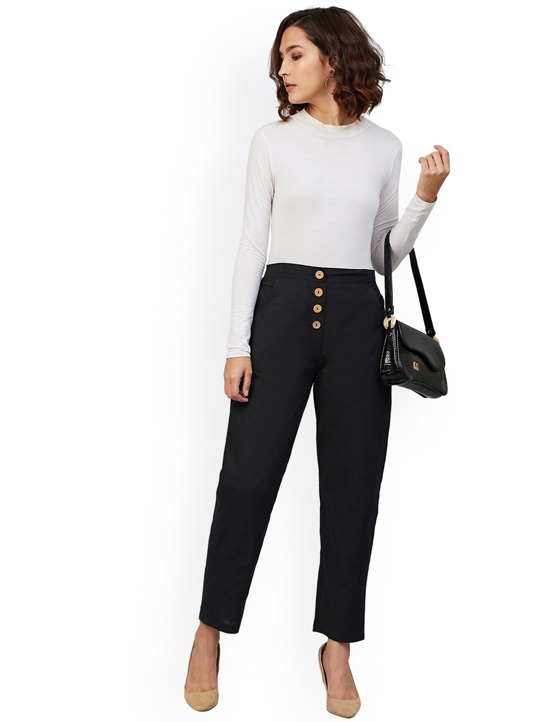 

Chemistry Women Straight Fit High-Rise Cotton Trousers, Black