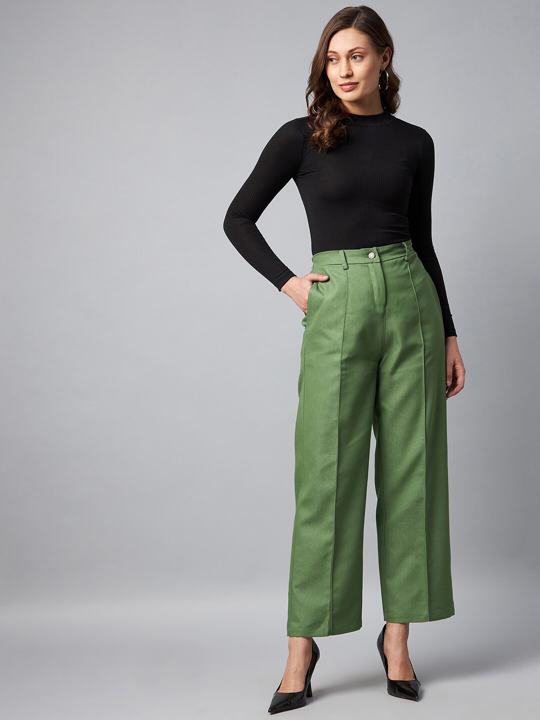 

Chemistry Women High-Rise Cotton Parellel Trousers, Green