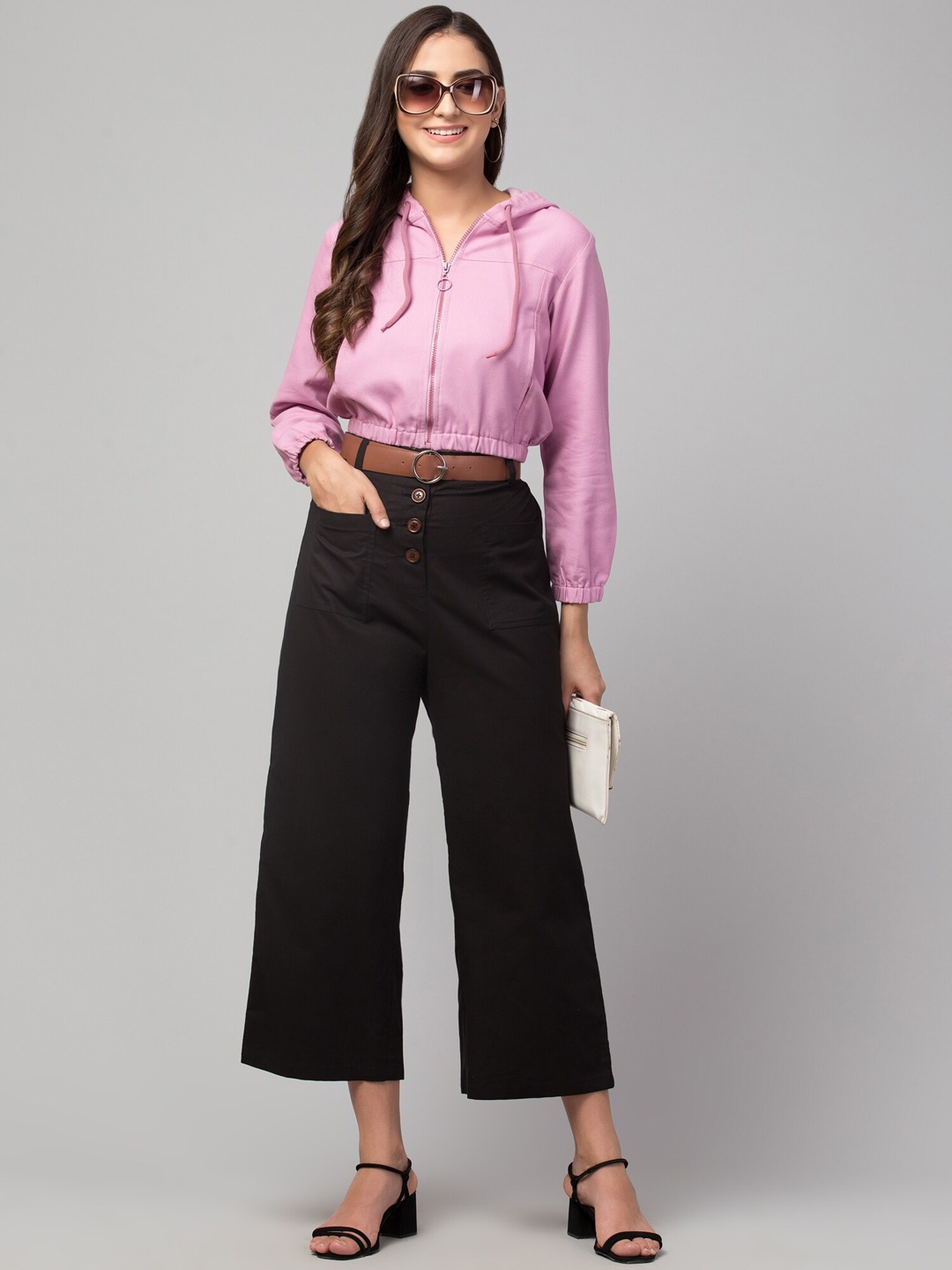 

Chemistry Women Flared High-Rise Cotton Flared Trousers, Black