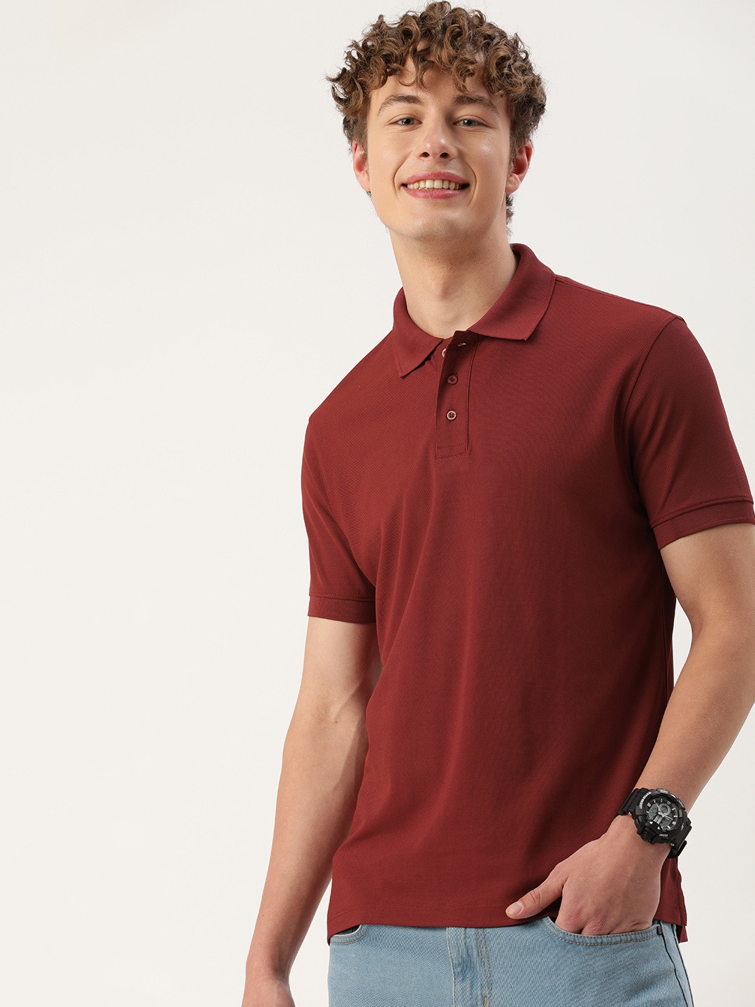

Mast & Harbour Men Polo Collar Antimicrobial T-shirt, Maroon