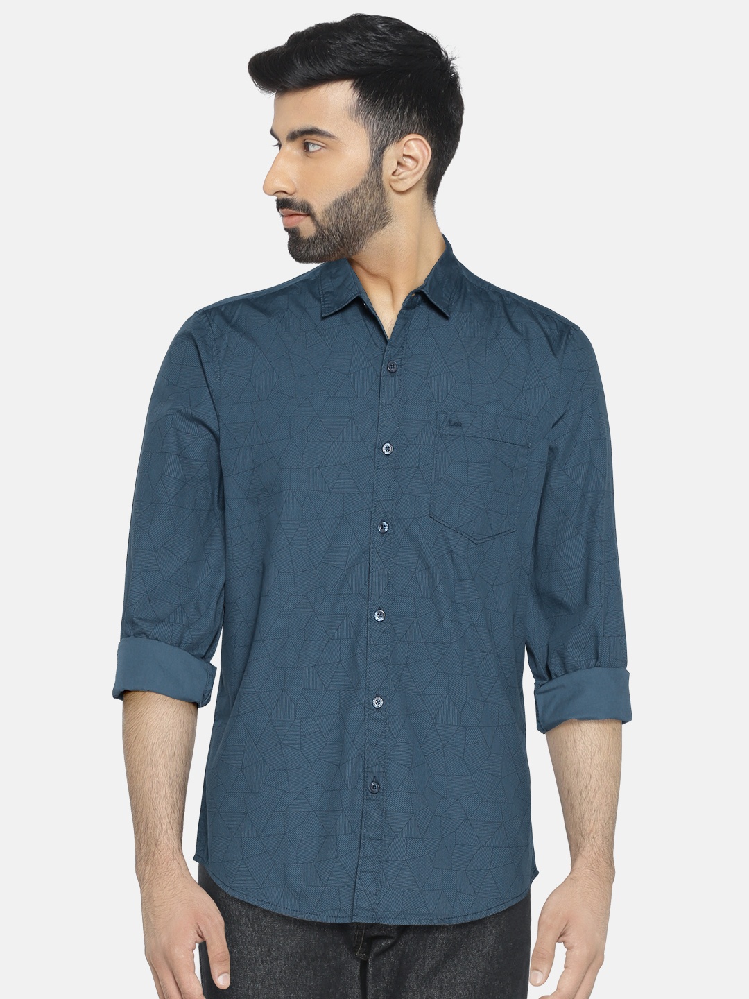 

Lee Men Teal Blue Super-Slim Fit Printed Casual Shirt