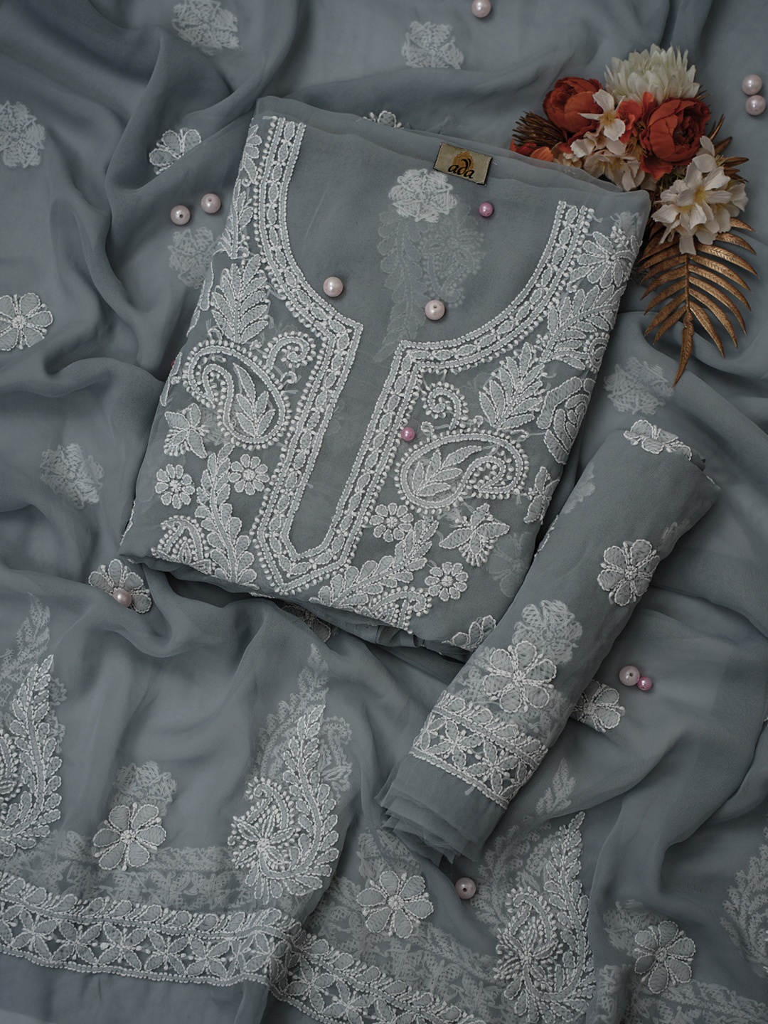 

ADA Ethnic Motifs Embroidered Chikankari Unstitched Dress Material, Grey