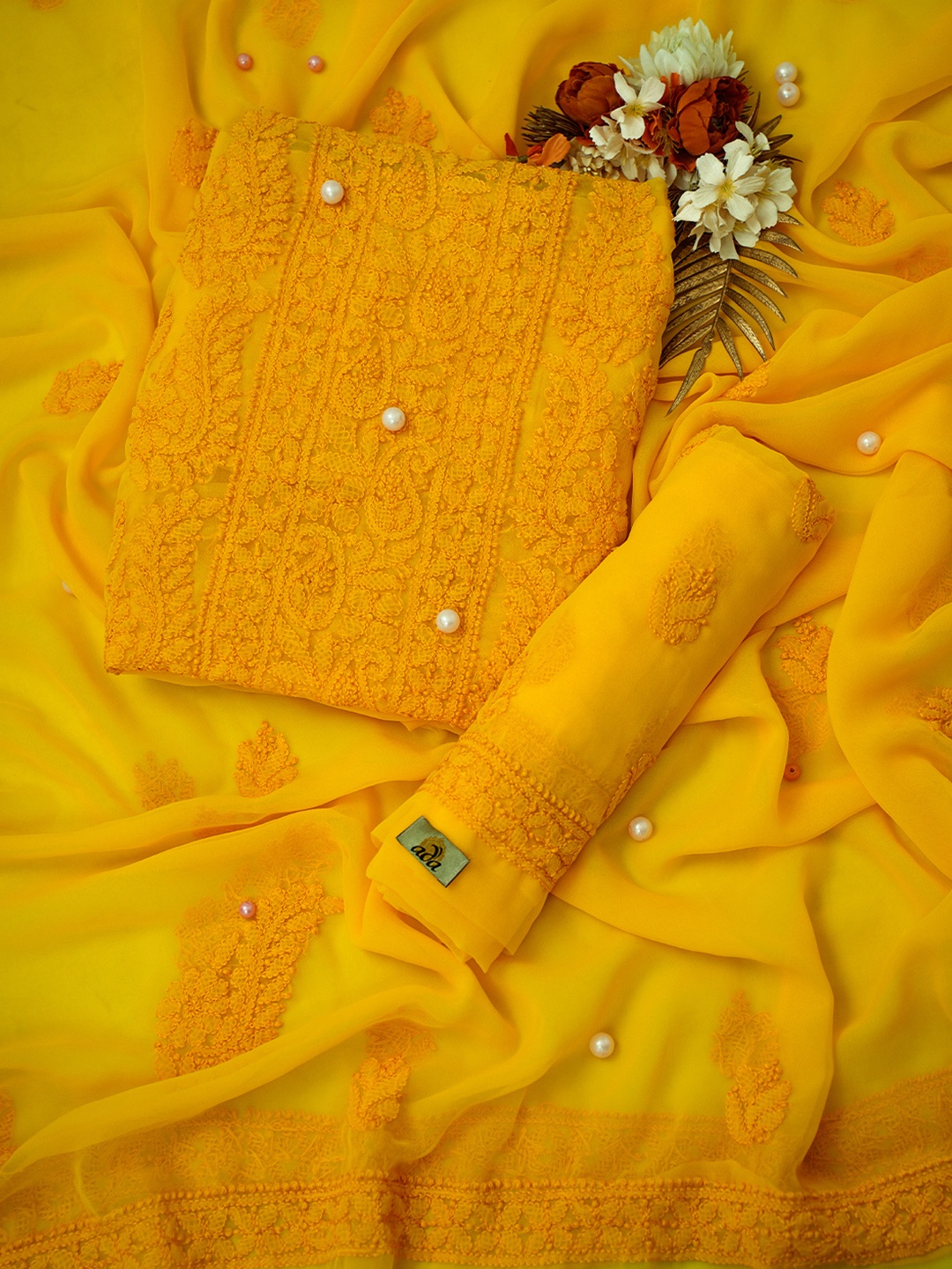 

ADA Ethnic Motifs Embroidered Chikankari Unstitched Dress Material, Yellow