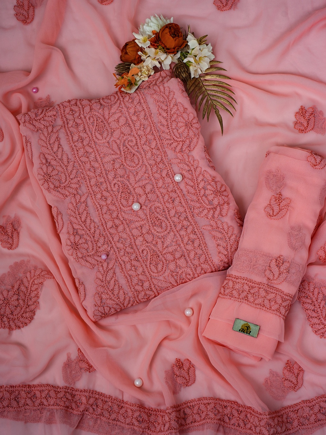 

ADA Chikankari Embroidered Unstitched Dress Material, Peach