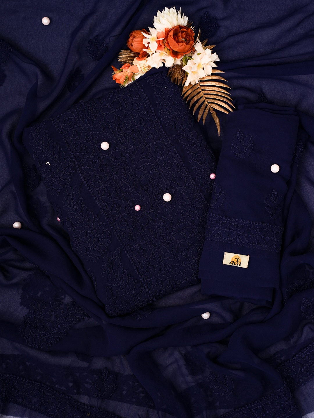 

ADA Chikankari Embroidered Unstitched Dress Material, Navy blue
