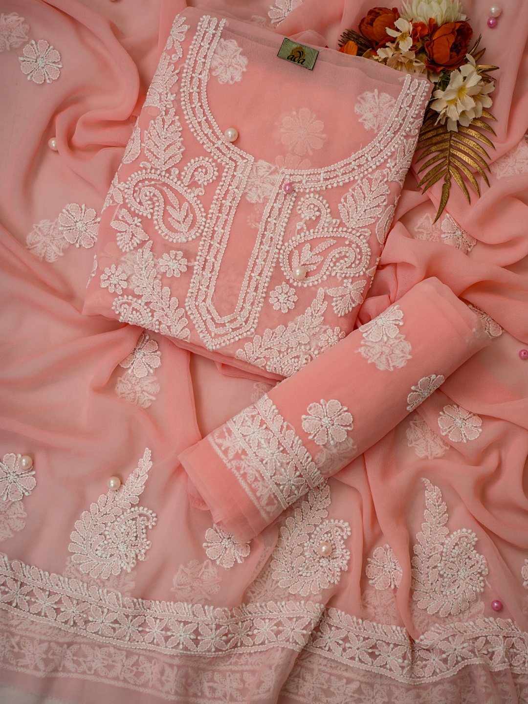 

ADA Ethnic Motifs Embroidered Chikankari Unstitched Dress Material, Peach