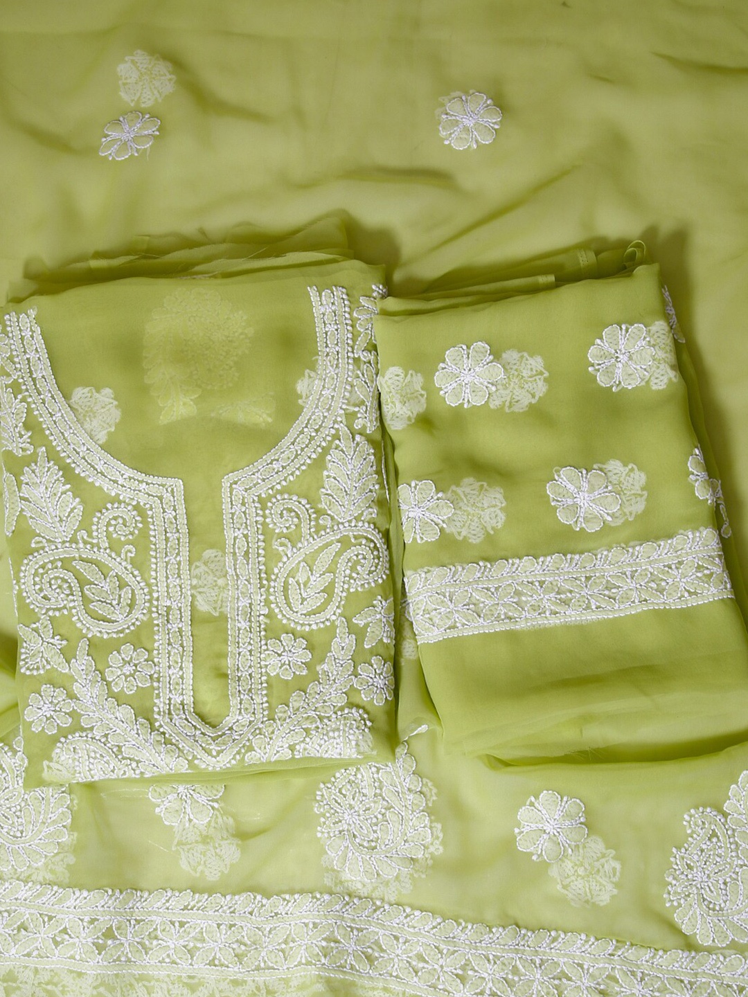 

ADA Chikankari Embroidered Unstitched Dress Material, Green