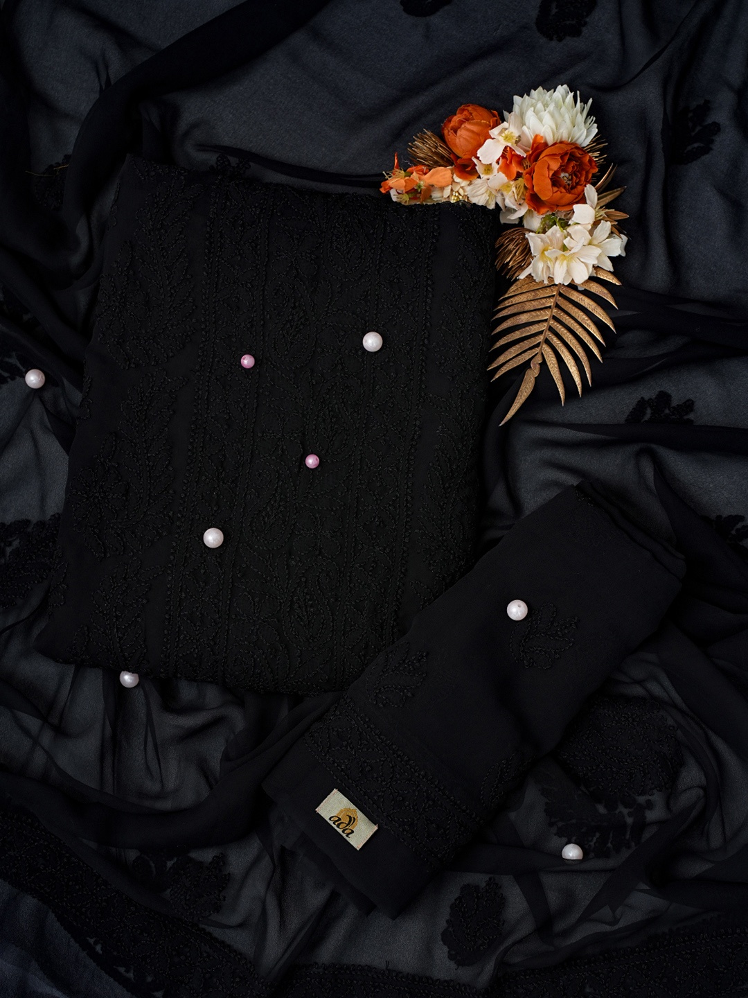 

ADA Chikankari Embroidered Unstitched Dress Material, Black