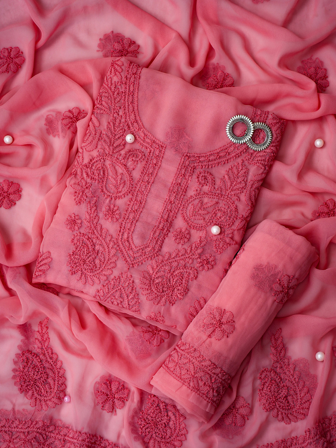 

ADA Chikankari Embroidered Unstitched Dress Material, Peach