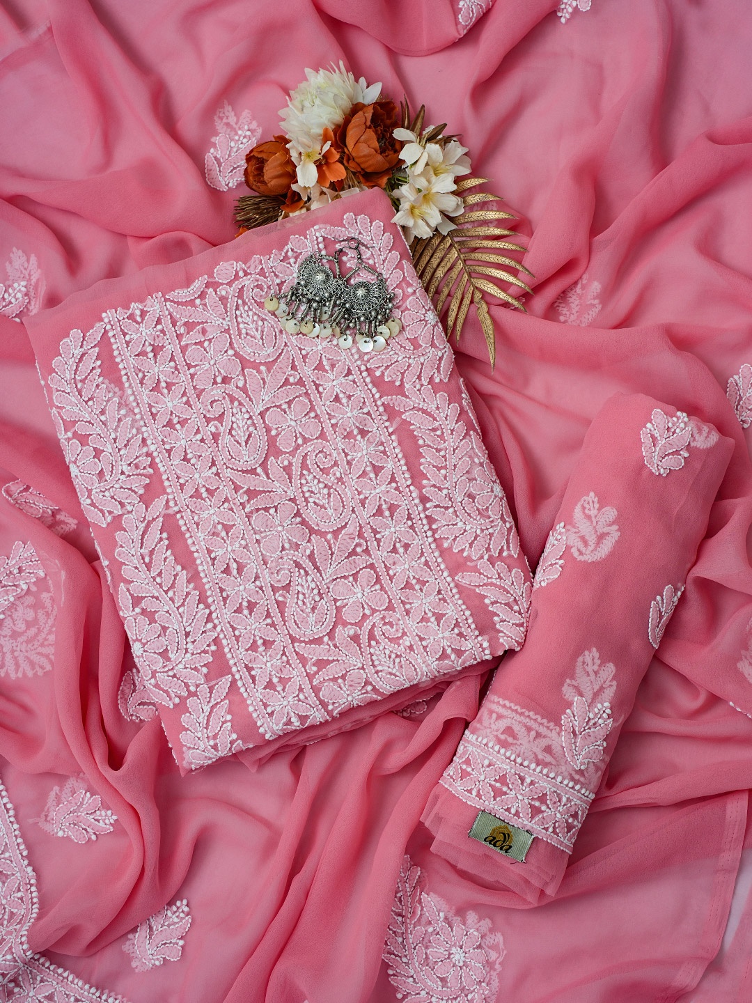 

ADA Chikankari Embroidered Unstitched Dress Material, Peach