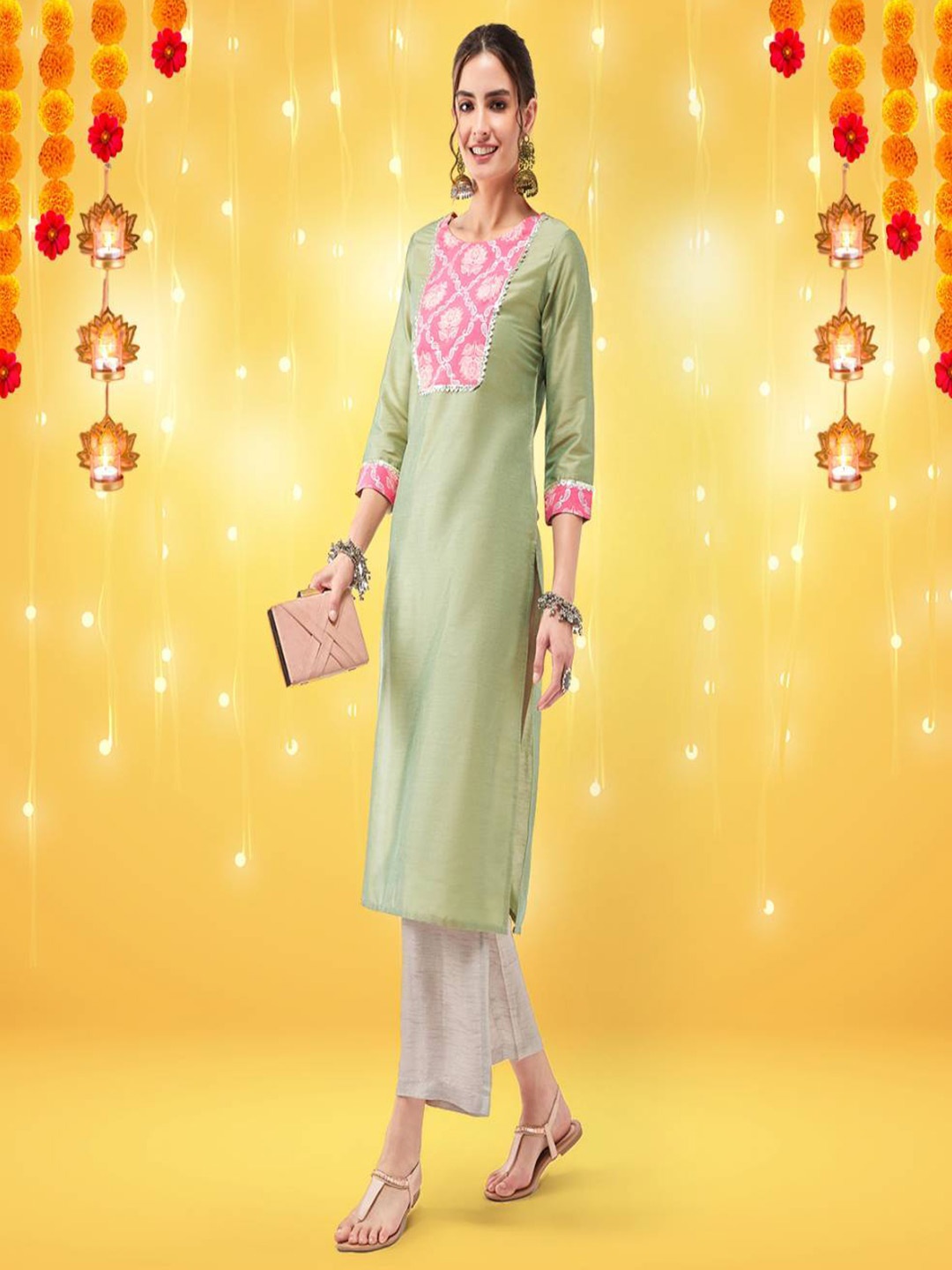 

Pannkh Ethnic Motif Yoke Design Gotta Patti Straight Kurta, Green