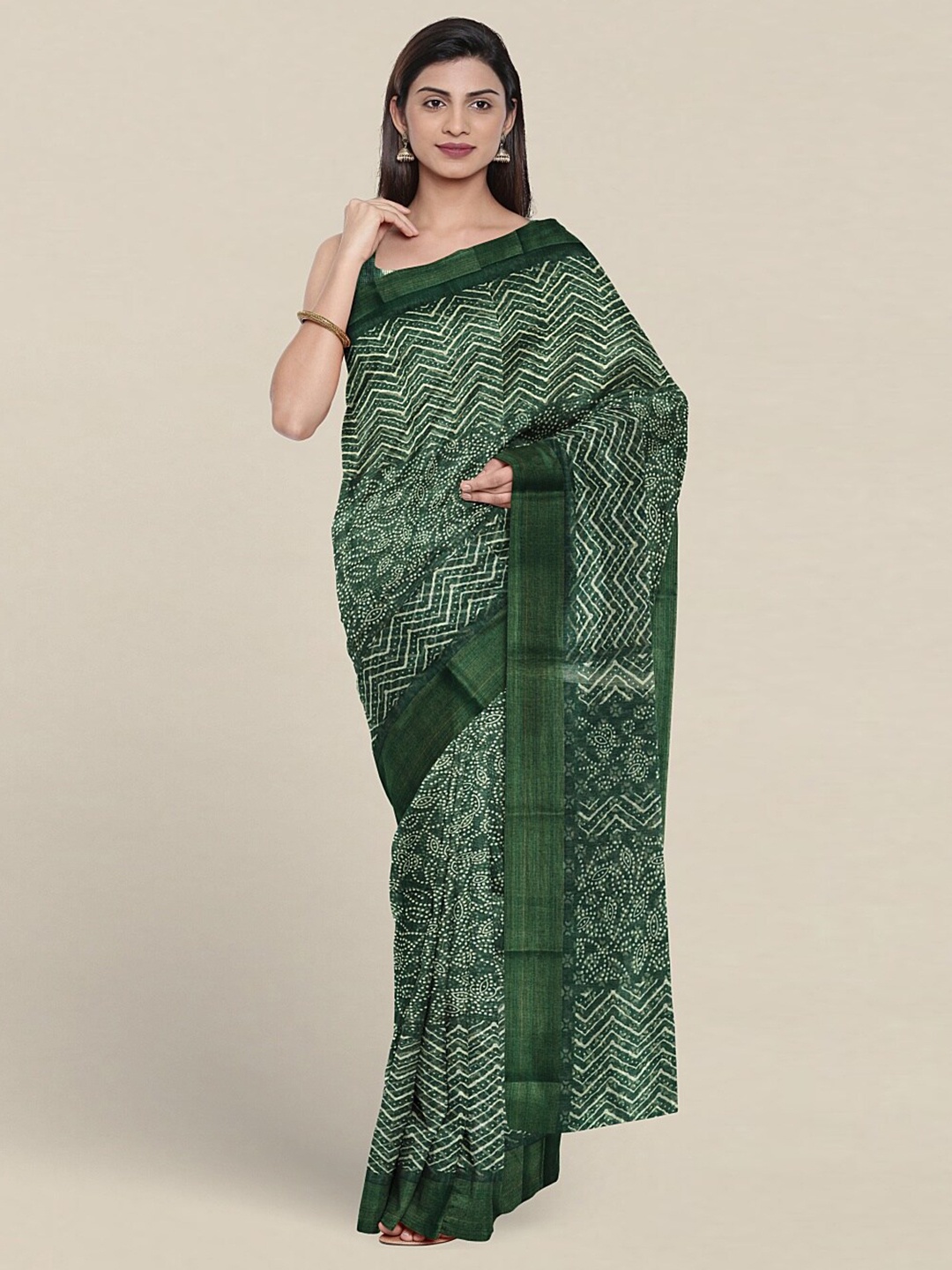 

Pothys Green & Silver-Toned Ethnic Motifs Zari Saree