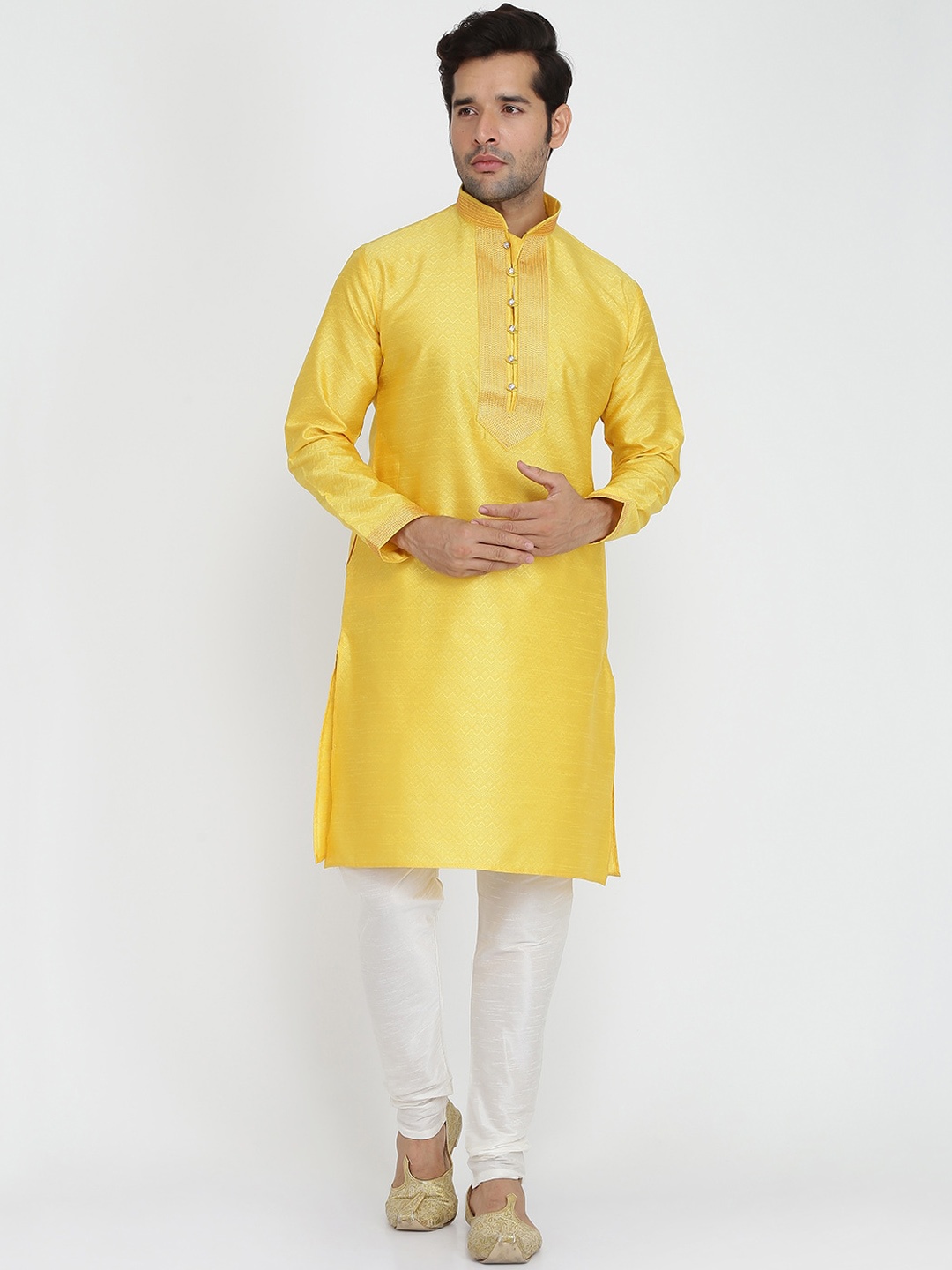 

ROYAL KURTA Men Woven Design Silk Kurta, Yellow