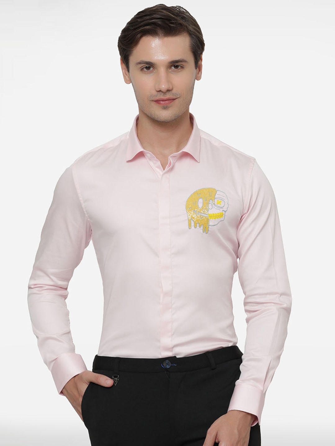 

Komal Kothari India Slim Fit Graphic Printed Embellished Detail Cotton Casual Shirt, Pink
