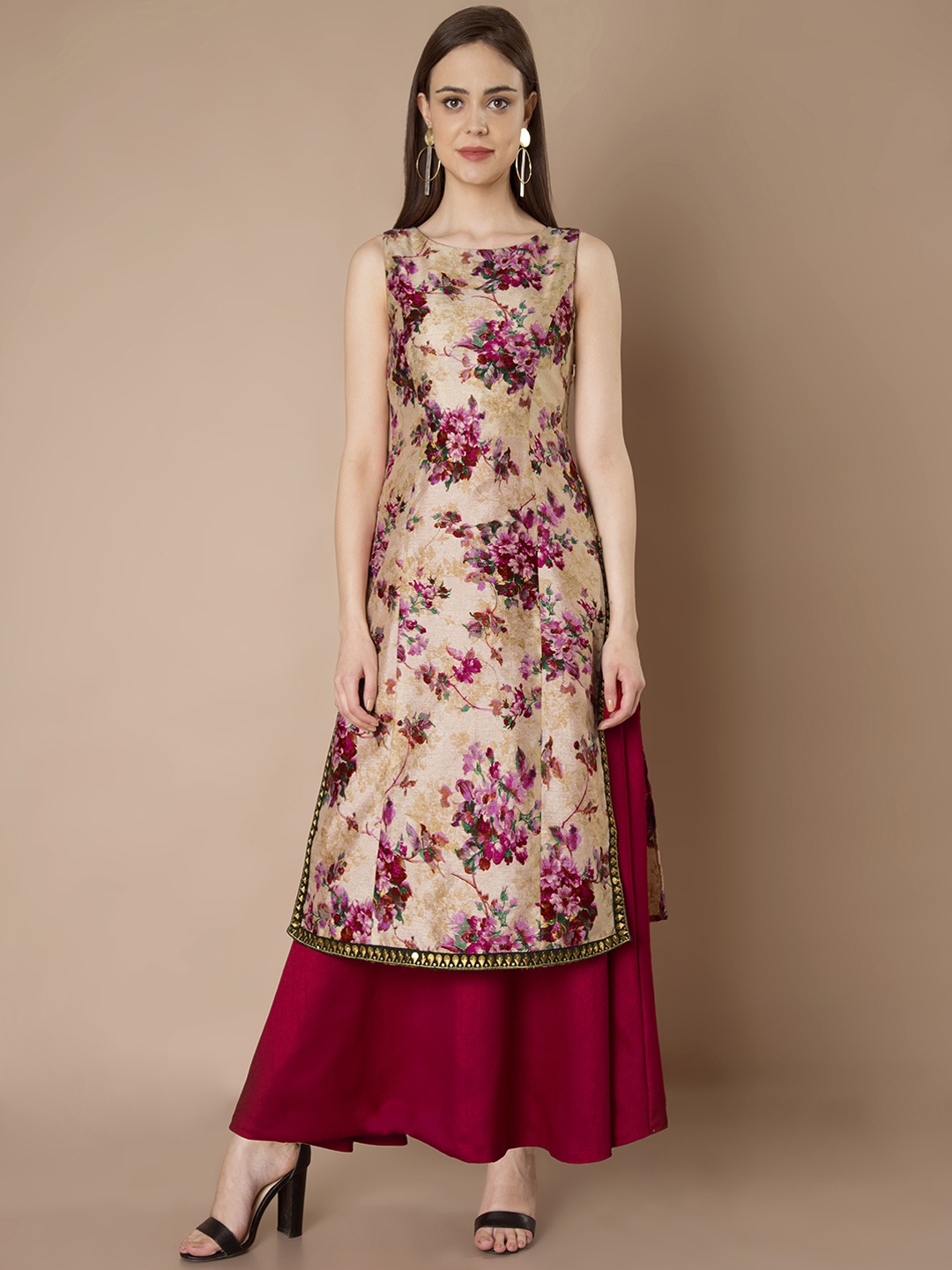 

INDYA Women Pink Printed Straight Kurta with Attached Skirt