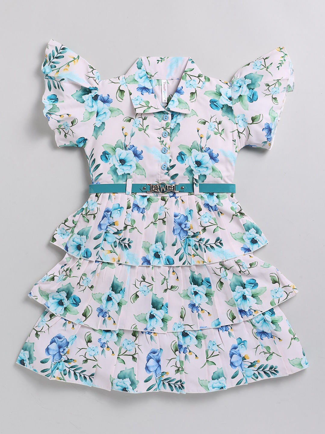 

Toonyport Girls Floral Printed Shirt Collar Layered Chiffon Fit & Flare Dress, White