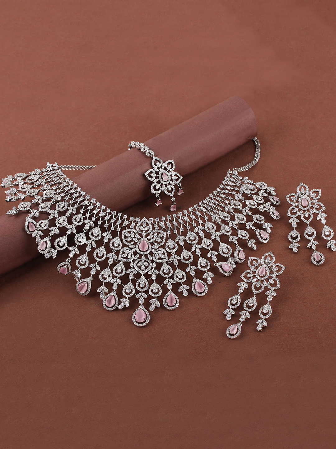 

Mirana Rhodium Plated Senorita AD Stone Studded Bridal Jewellery Set With Maangtikka, Silver