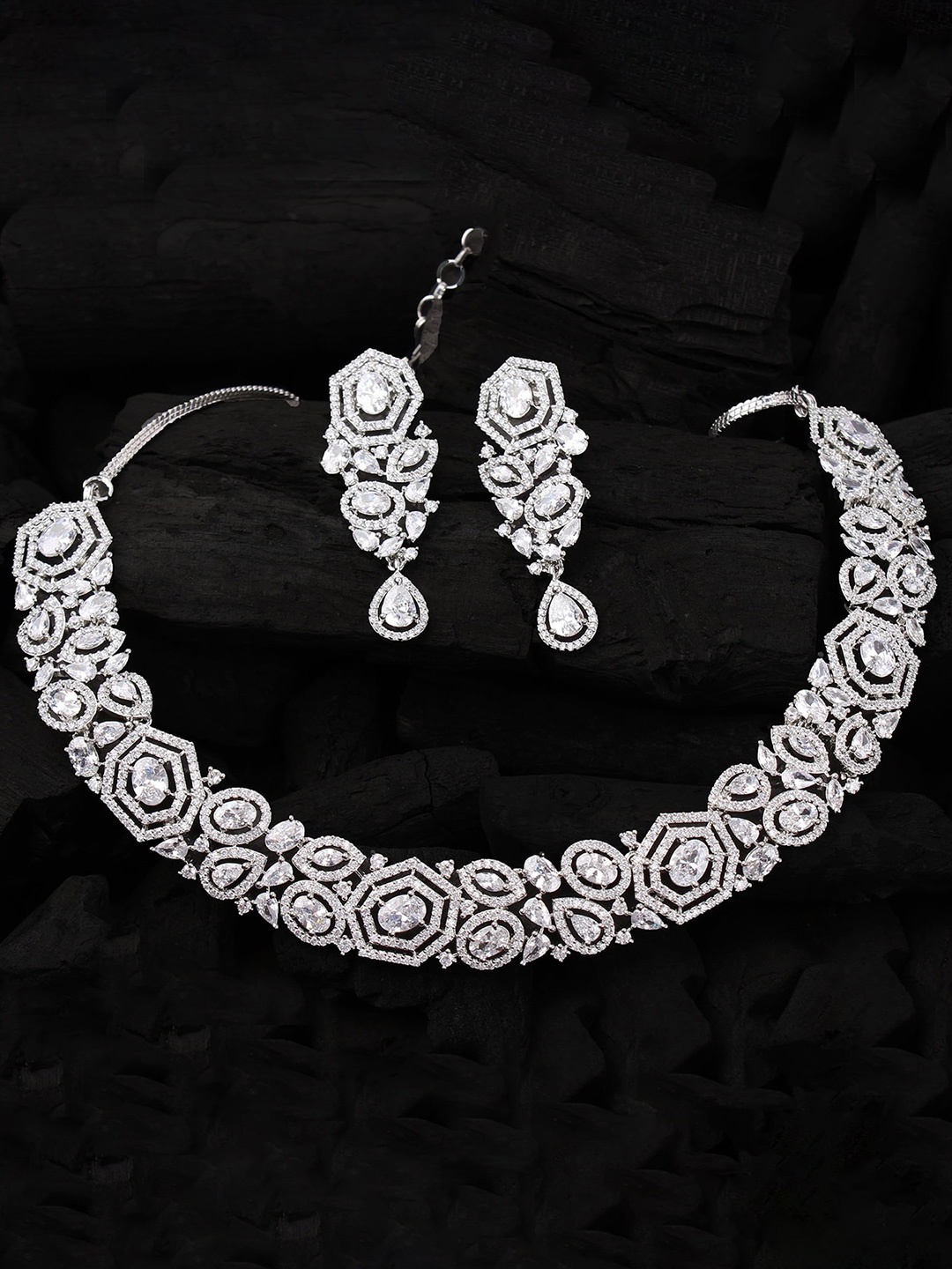 

Mirana Rhodium Plated AD-Studded Necklace & Earrings Set, Silver