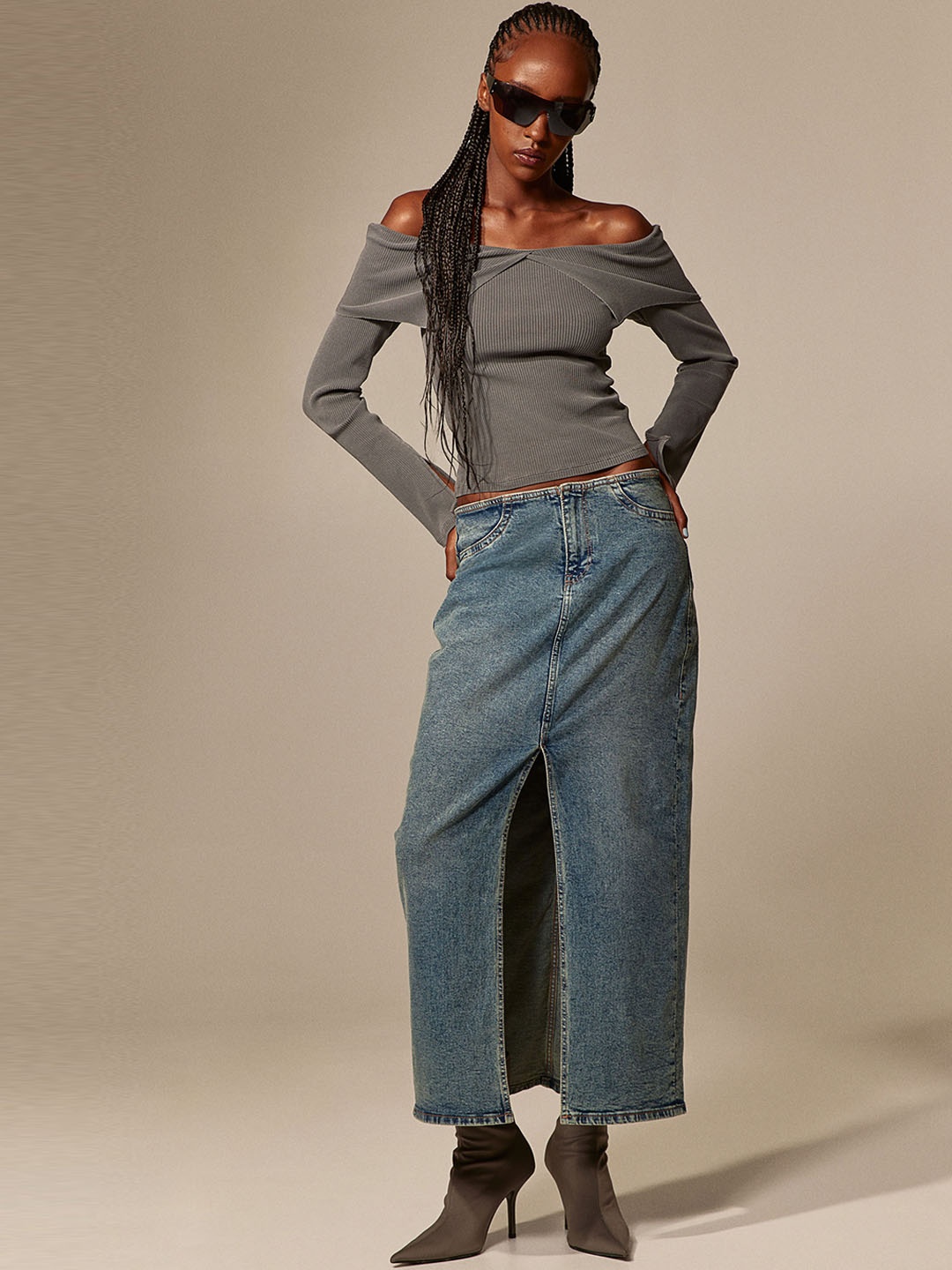 

H&M Slit-Hem Denim Skirt, Blue