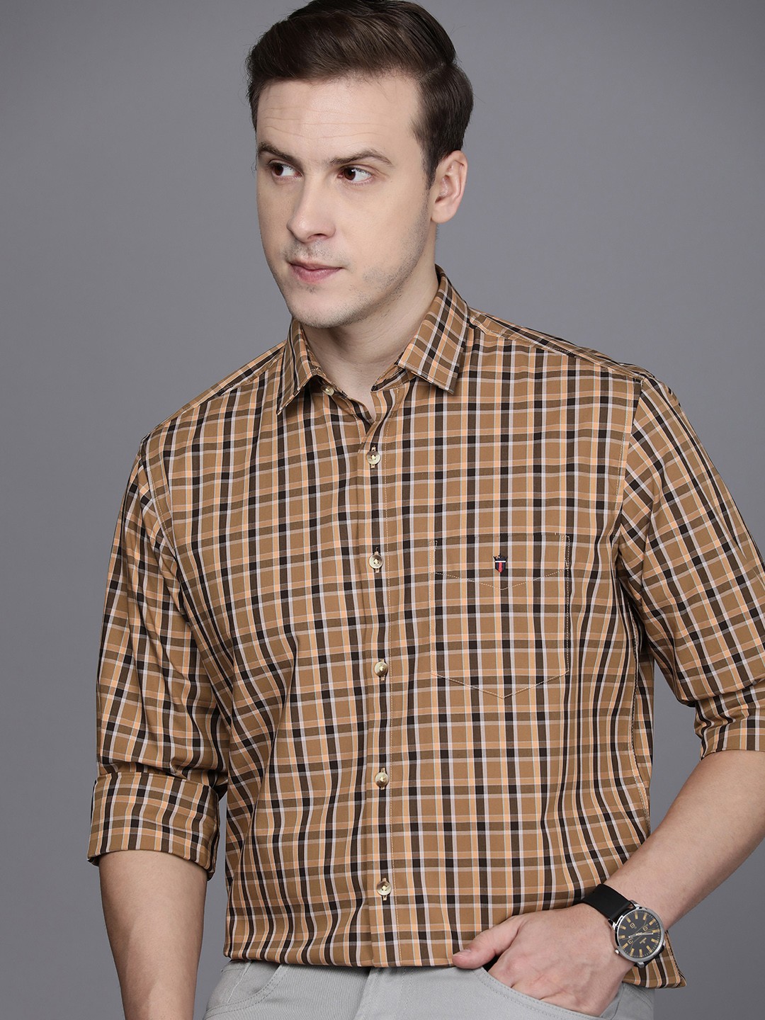 

Louis Philippe Sport Slim Fit Tartan Checks Pure Cotton Casual Shirt, Brown