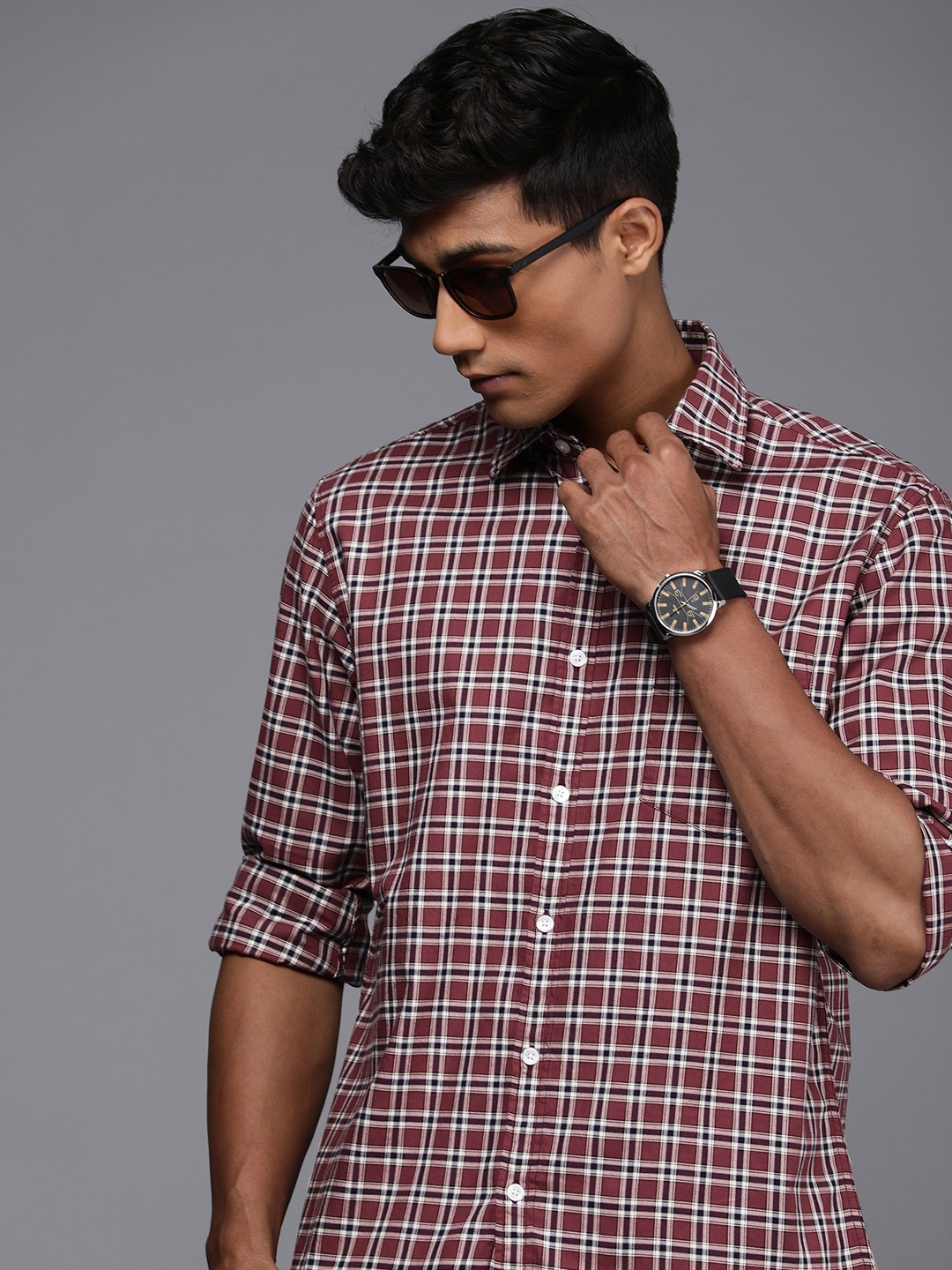 

Louis Philippe Sport Pure Cotton Slim Fit Checked Casual Shirt, Maroon