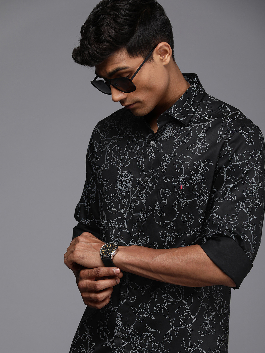 

Louis Philippe Sport Satin Finish Slim Fit Floral Printed Pure Cotton Casual Shirt, Black