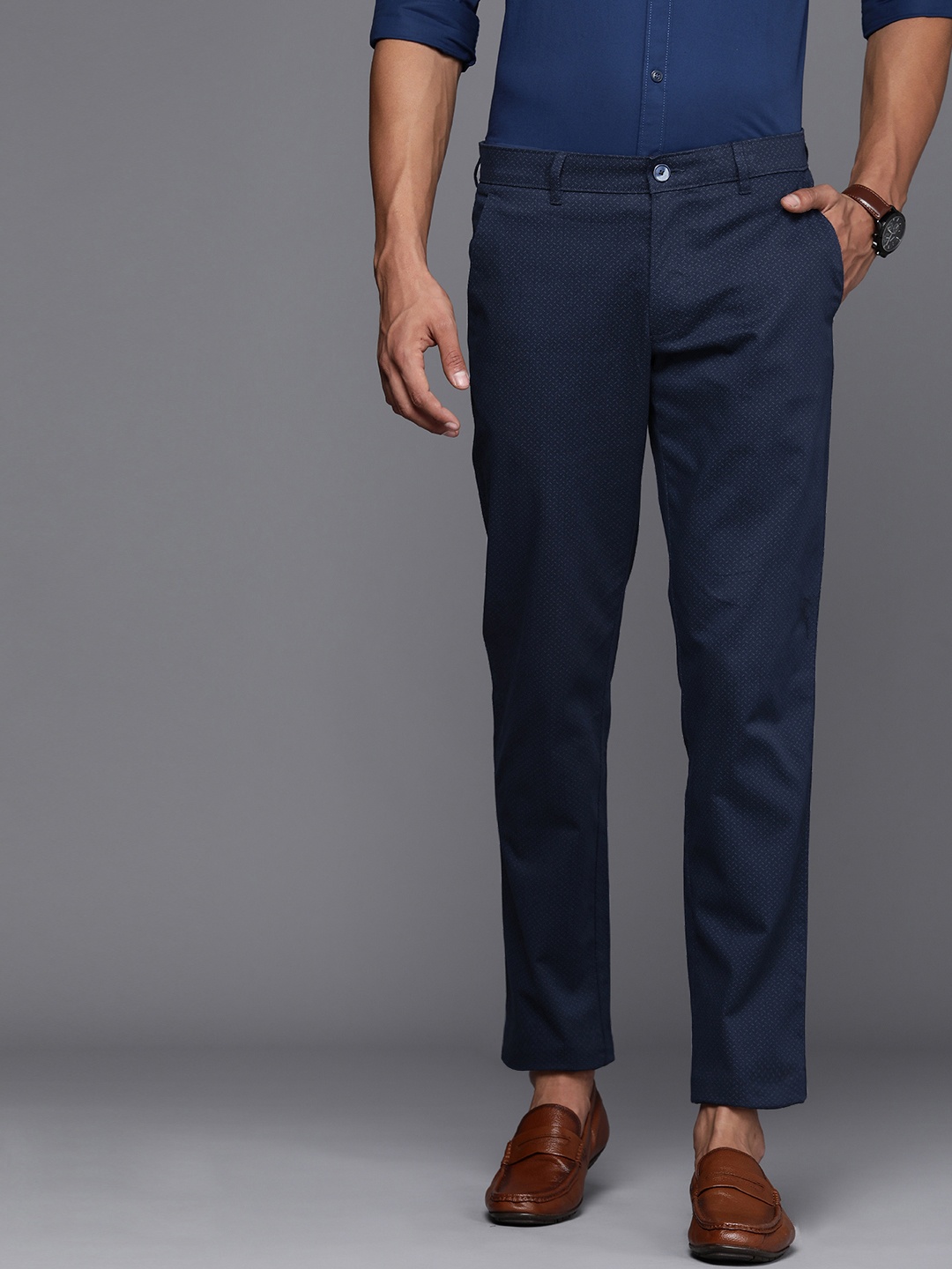

Louis Philippe Sport Men Micro Ditsy Printed Tapered Fit Chinos Trousers, Navy blue